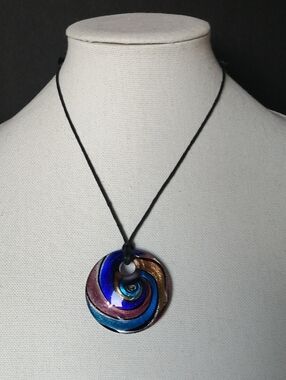 Murano-inspired Striped Spiral Glass Pendant on Black Cord Necklace